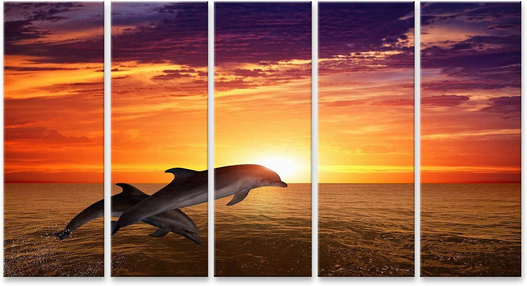 islandburner Bild auf Leinwand Delfin Springende Delfine Schöner Roter Sonnenuntergang Am Meer Bilde