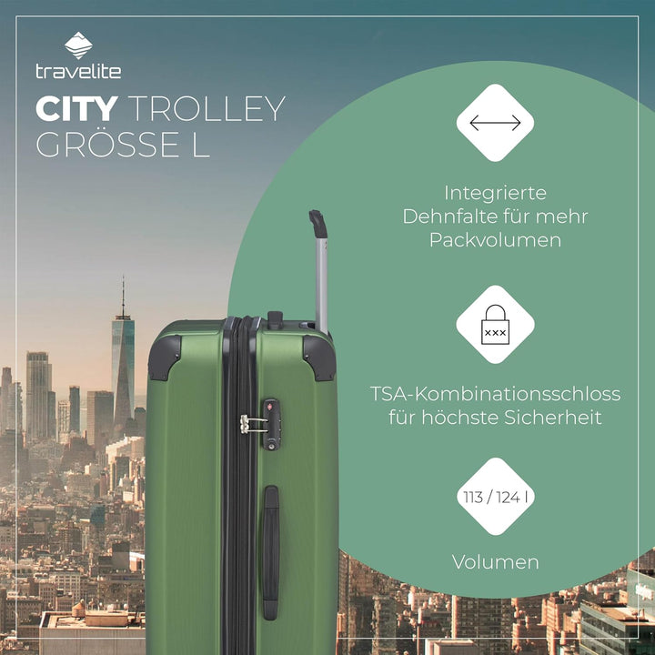 Travelite 4-Rad Koffer L mit TSA Schloss + Dehnfalte, Gepäck Serie CITY: Robuster Hartschalen Trolle
