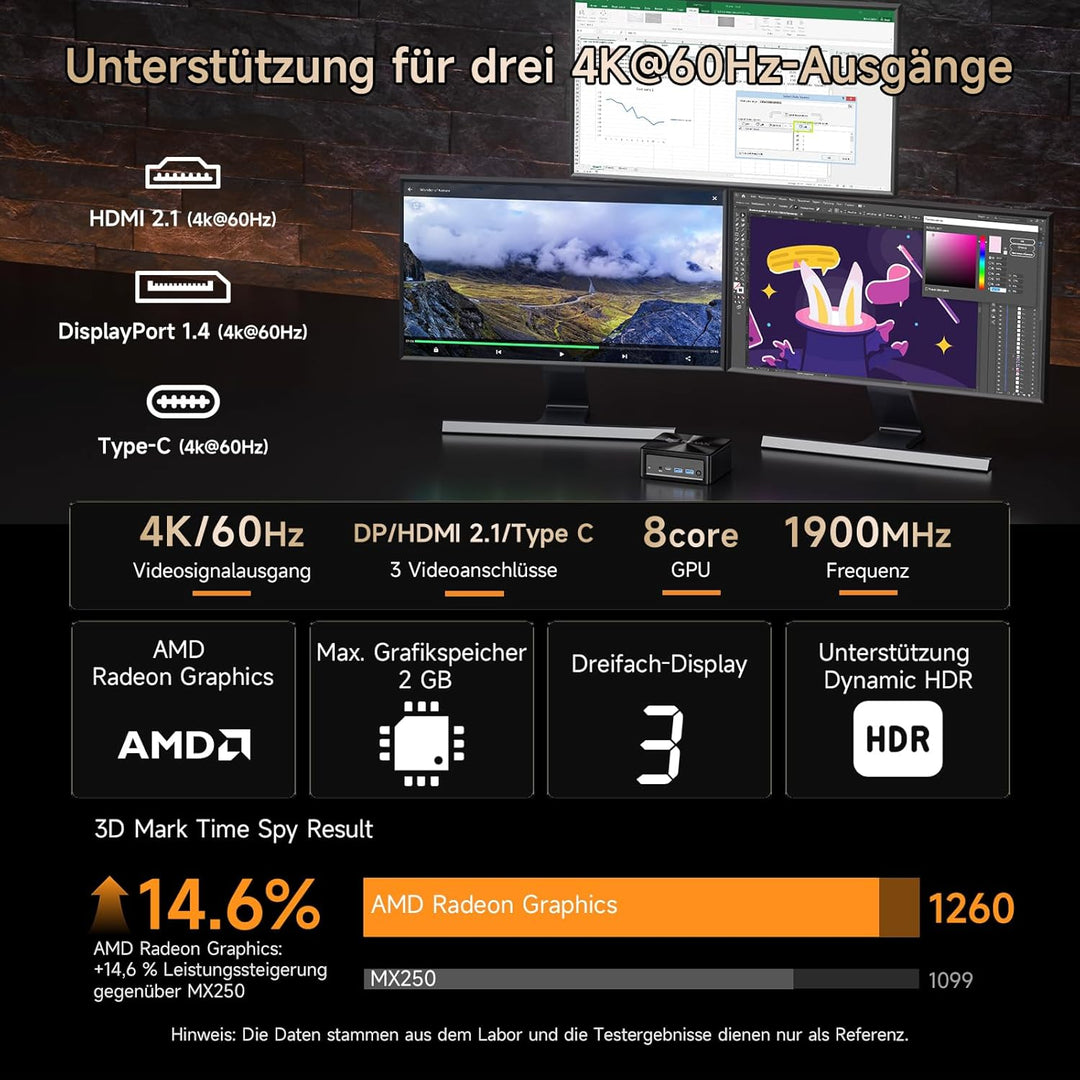 BMAX Mini PC, AMD Ryzen 7 5700U (8C/16T, bis zu 4,3 GHz), Mini-Computer 16 GB DDR4 512 GB NVMe SSD,