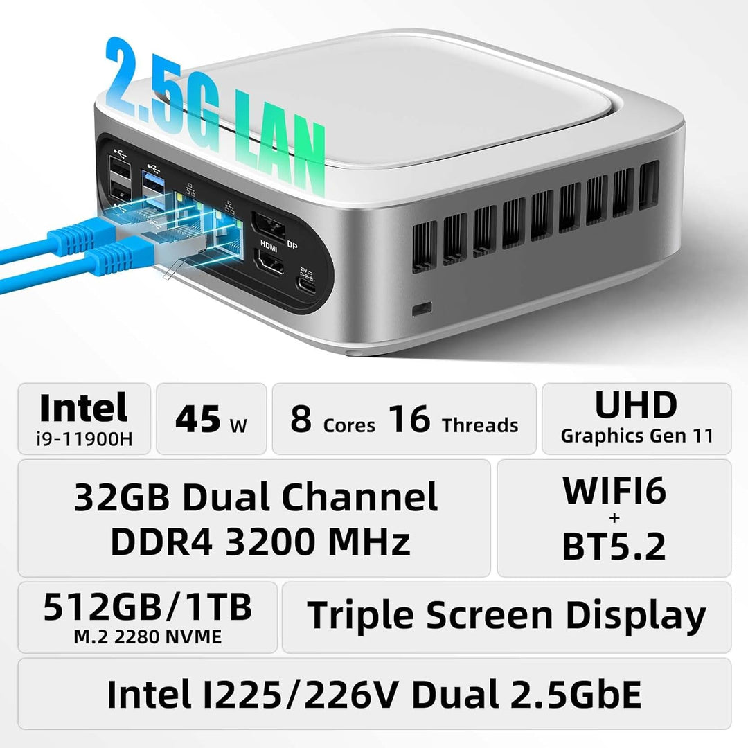 AWOW Mini PC Windows 11 Pro Intel i9-11900H (8C/16T, bis zu 4.9Ghz), 32GB DDR4 512GB/1T NVME SSD Min