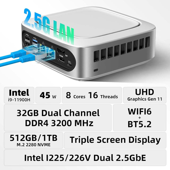 AWOW Mini PC Windows 11 Pro Intel i9-11900H (8C/16T, bis zu 4.9Ghz), 32GB DDR4 512GB/1T NVME SSD Min