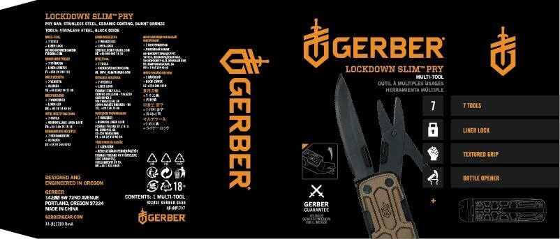 Gerber Multi-Tool mit 7 Funktionen, Messer mit glatter Klinge und Gürtelclip, Lockdown Slim Pry, Gus