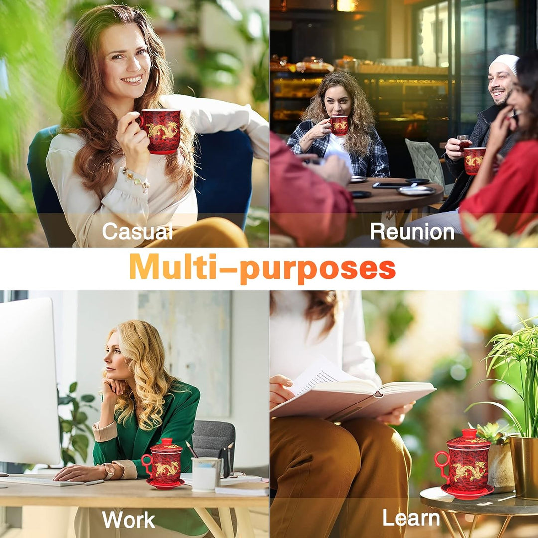 YURROAD Teetasse Mit Teesieb Deckel Und Untertasse Chinesisches Drachenmuster Aus Chinesischem Porze