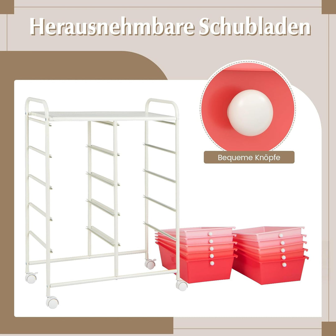 COSTWAY Rollwagen mit 10 stapelbaren Schubladen, Schubladenwagen Rollcontainer mit Metallgestell und