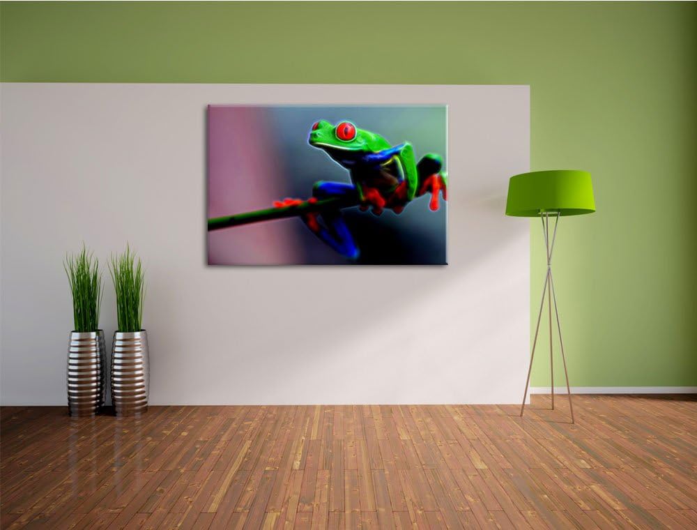 Grüner Frosch auf Ast Deluxe Format: 100x70 cm auf Leinwand, XXL riesige Bilder fertig gerahmt mit K