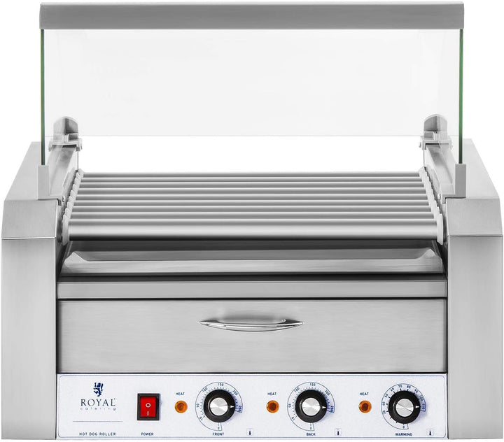 Royal Catering - Hot Dog Grill Hot Dog Maschine (9 Rollen, Edelstahl, 2.200 W, 2 Heizzonen, herausne