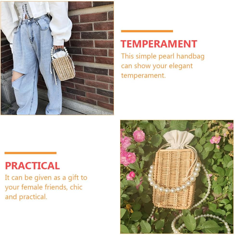 Amosfun Rattan Umhängetaschen Handgemachte Stroh Taschen mit Perlen Perlen Schulter Gurt Und Griff B