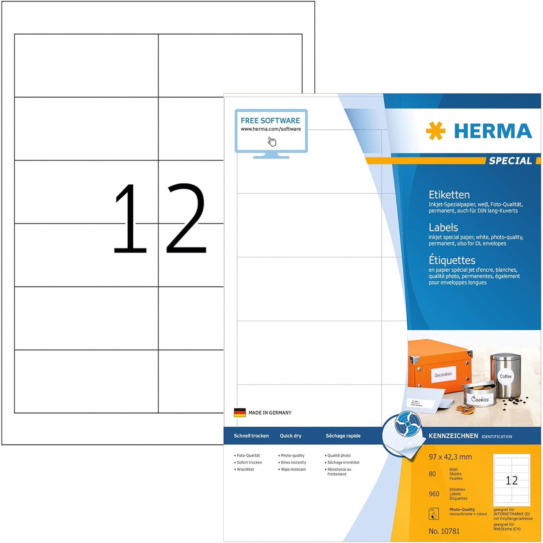 HERMA 10781 Adressetiketten für Inkjet Drucker, 80 Blatt, 97 x 42,3 mm, 12 Stück pro A4 Bogen, 960 A