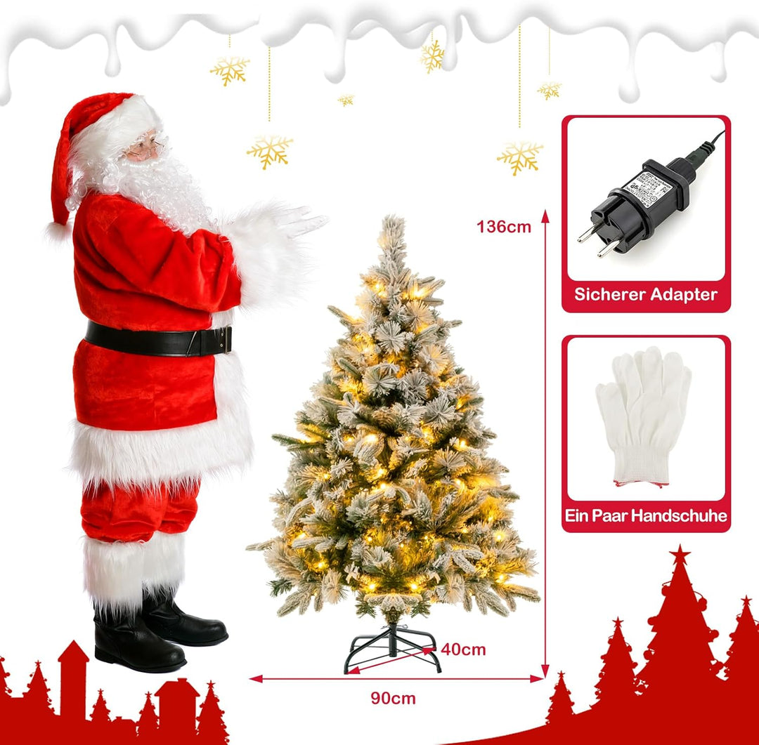 COSTWAY Künstlicher Weihnachtsbaum mit Schnee und Beleuchtung, 136 cm Tannenbaum mit 150 Warmweissen