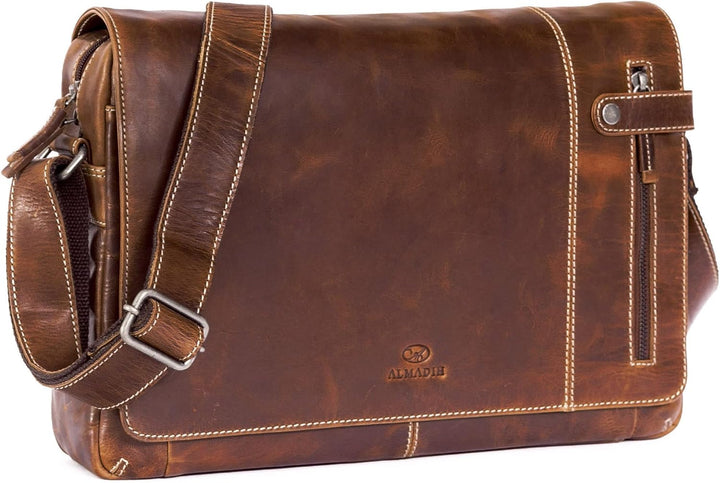 ALMADIH Leder Tasche Umhängetasche DYLAN Premium Rindsleder braun BD – Laptop Fach 15 Zoll Ledertasc