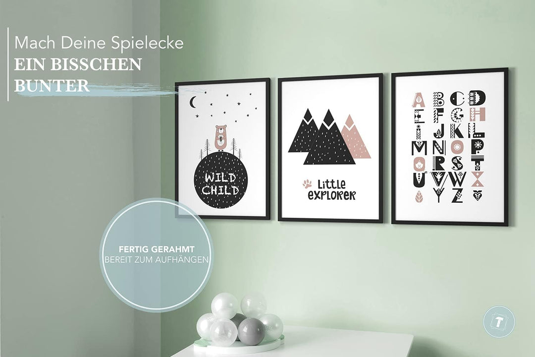 Papierschmiede® Kinderbilder 3er Set, A4 gerahmt in Holzrahmen (schwarz), Geschenk für Jungen & Mädc