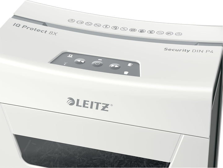 Leitz IQ 8X Premium Aktenvernichter P4 fürs Büro und Zuhause, Partikelschnitt, 9-8 Blatt (70-80 g/m²