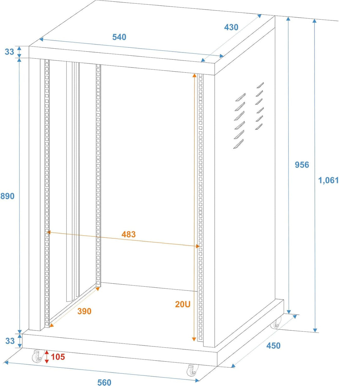 ROADINGER Stahl-Rack SR-19, 20HE | Pulverbeschichtetes Stahl-Rack, ideal für Festinstallationen