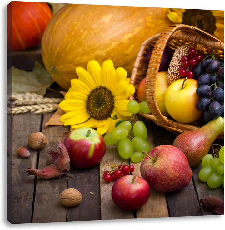 Herbstlicher Obstkorb, Format: 70x70 auf Leinwand, XXL riesige Bilder fertig gerahmt mit Keilrahmen,