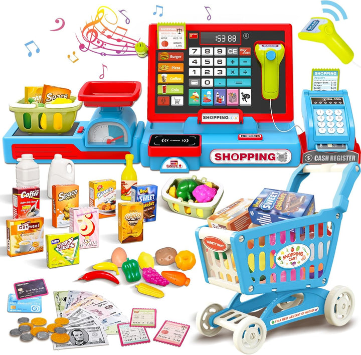 Kasse Kinder Spielzeug, Kinderkasse mit Scanner, Sound, Rechnerfunktion, Spielgeld und Zubehör, Kauf