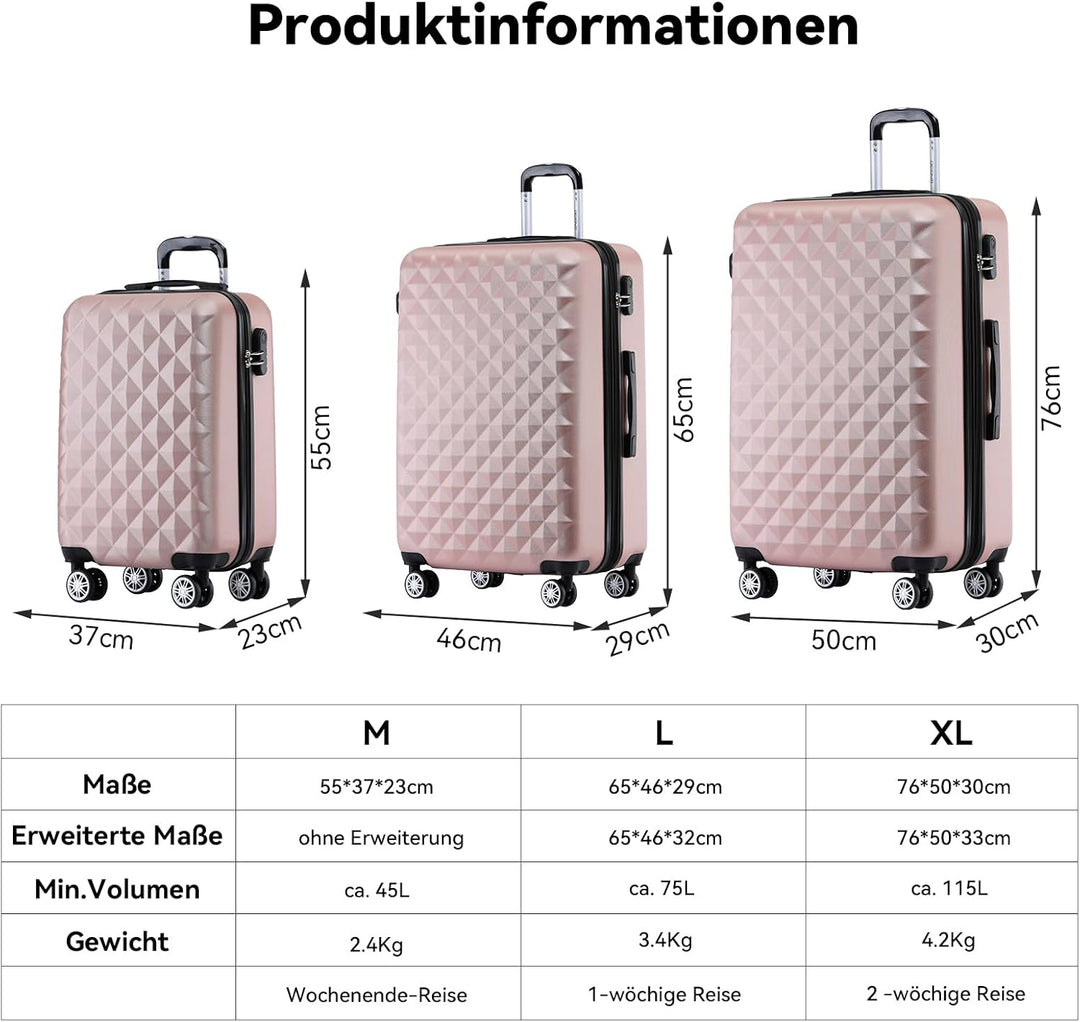 BEIBYE Zwillingsrollen 2066 Hartschale Trolley Koffer Reisekoffer Gepäck M-L-XL-Set (Rosa Gold, Set)