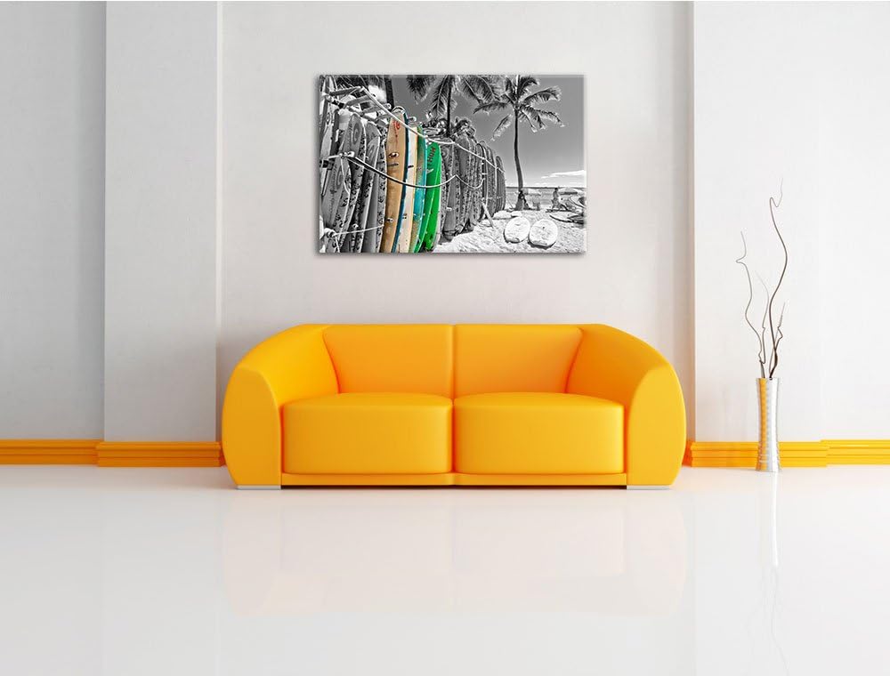 bunter Surfboards am Strand schwarz/weiss Format: 100x70 auf Leinwand, XXL riesige Bilder fertig ger