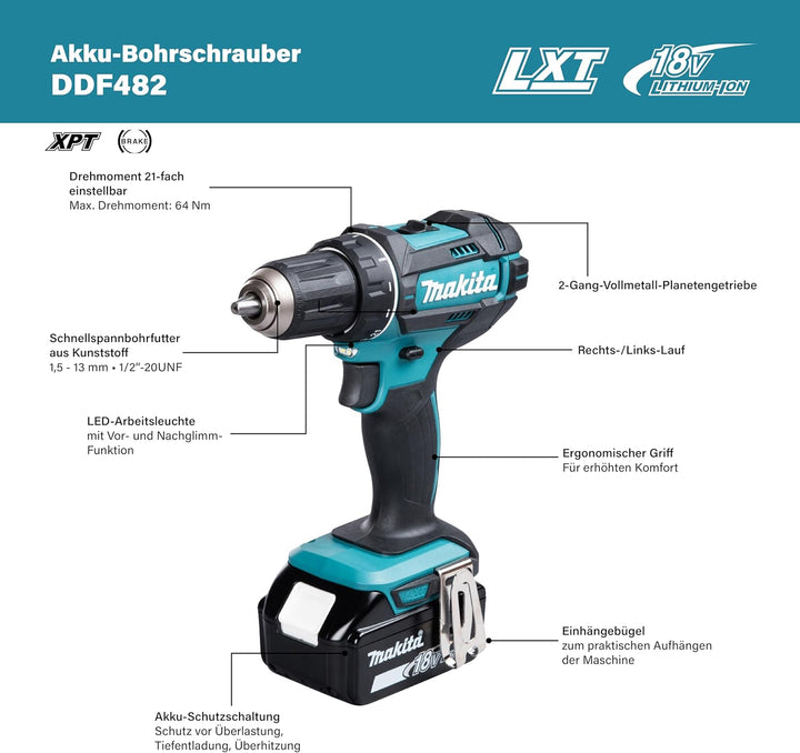 Makita DDF485RFJ Akku-Bohrschrauber 18V / 3,0 Ah, 2 Akkus + Ladegerät im MAKPAC 2 Akkus 3Ah, mit Lad