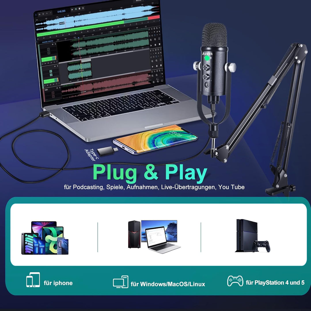Aveek USB-Mikrofon, Kondensator-Aufnahme, Laptop, PC, Gaming-Mikrofon, Podcast-Mikrofon, Kit fĂŒr Str