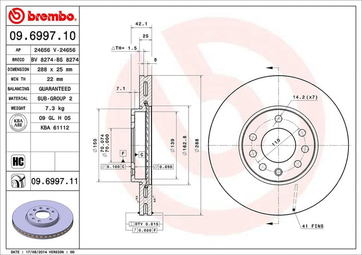 Brembo 09.6997.11 COATED DISC LINE Bremsscheibe - Paar