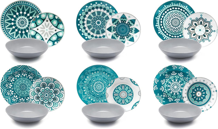 Excelsa Mandala Tellerservice 18 Stück, Porzellan, Hellblau/Grau