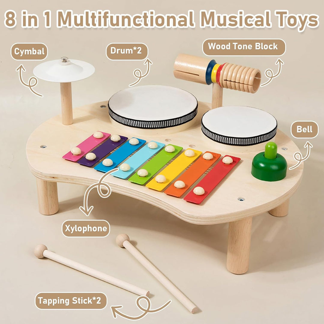 Apritsce Kinder Trommel Set, Musik Kinderspielzeug Aus Holz, Musikinstrumente Baby Set mit Xylophon,