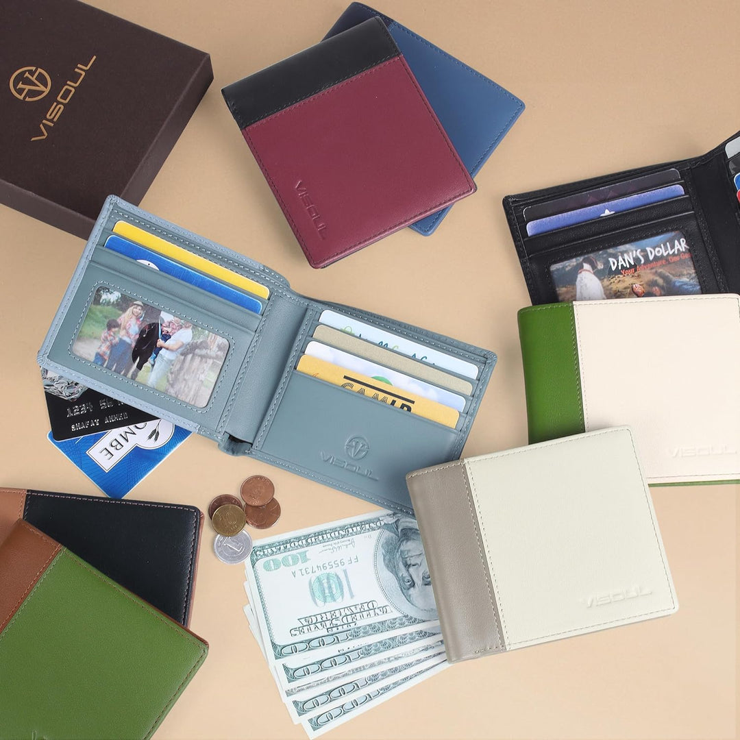 VISOUL Echt Leder Geldbörse Herren mit RFID Schutz Portemonnaie Gross mit Münzfach 8 Fächer Echtlede