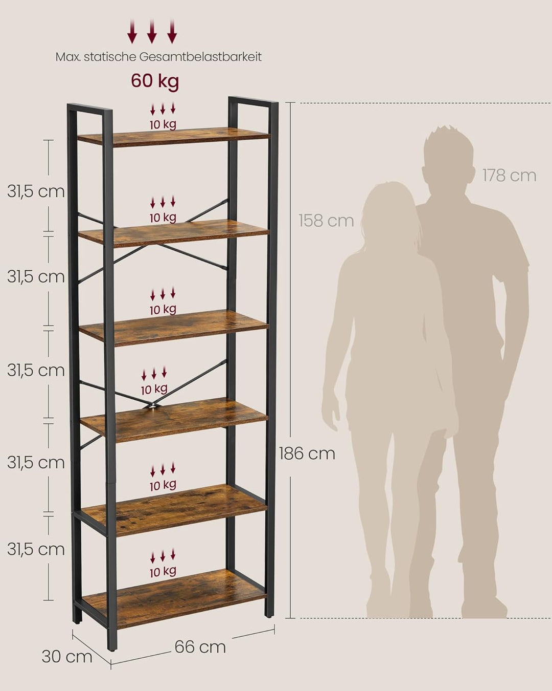 VASAGLE Bücherregal 6 Ebenen, Standregal mit Stahlrahmen, freistehendes Regal, Wohnzimmer, Schlafzim