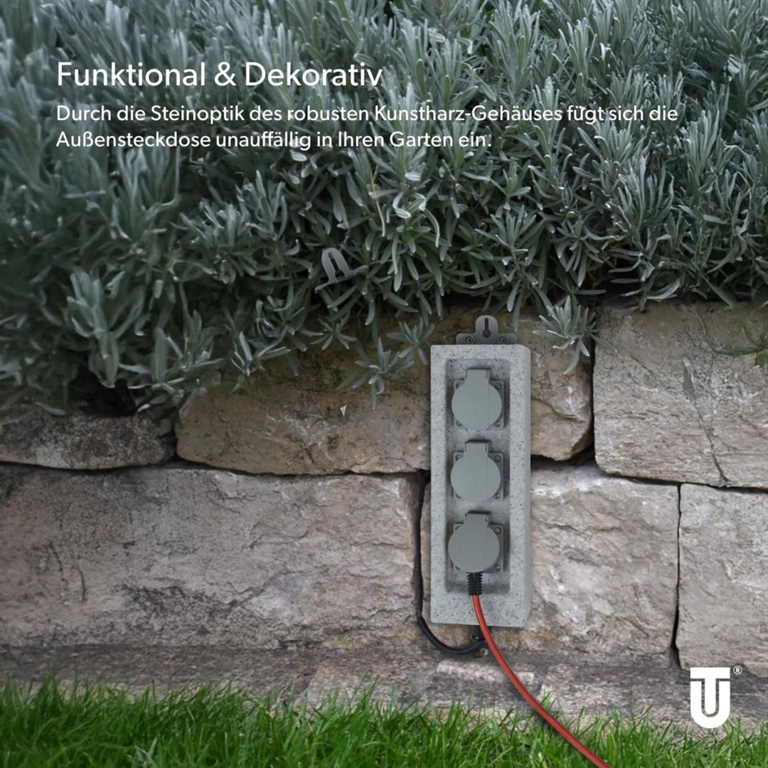 UNITEC Steckdosenverteiler für den Garten in Steinoptik, Gartensteckdose, Aussensteckdose, IP 44, 3