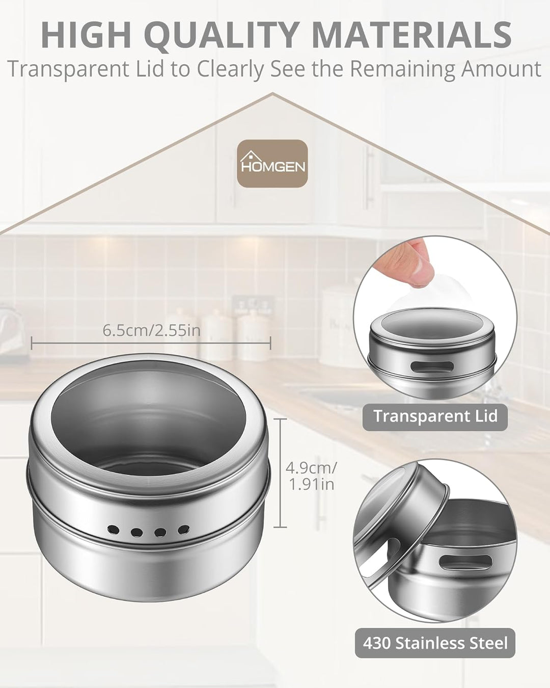 HOMGEN Gewürzdosen Magnetisch 8 Stück Edelstahl Gewürzgläser Set Magnet 100ml Gewürze Spice Jars Mag