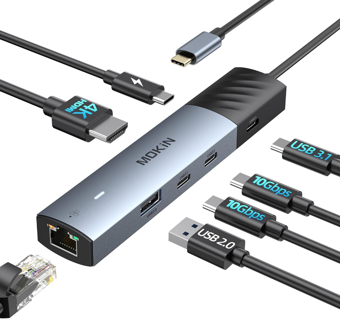 MOKIN USB C HUB, 7 in 1 USB C Adapter mit 4K@60HZ HDMI, Ethernet, 3*USB-C 3.1 Ports und 1*USB-A Date