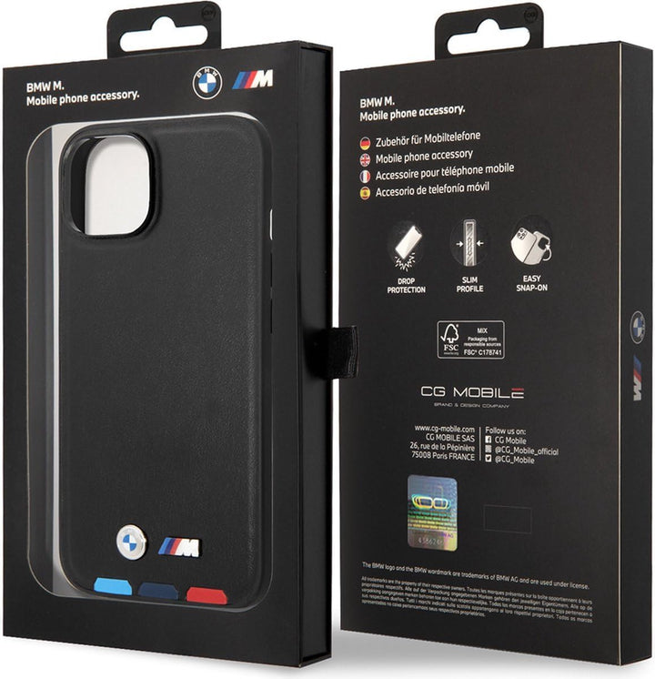 Etui BMW BMHMP14M22PTDK Hülle für iPhone 14 Plus 6,7" schwarz/Black Leather Stamp Tricolor