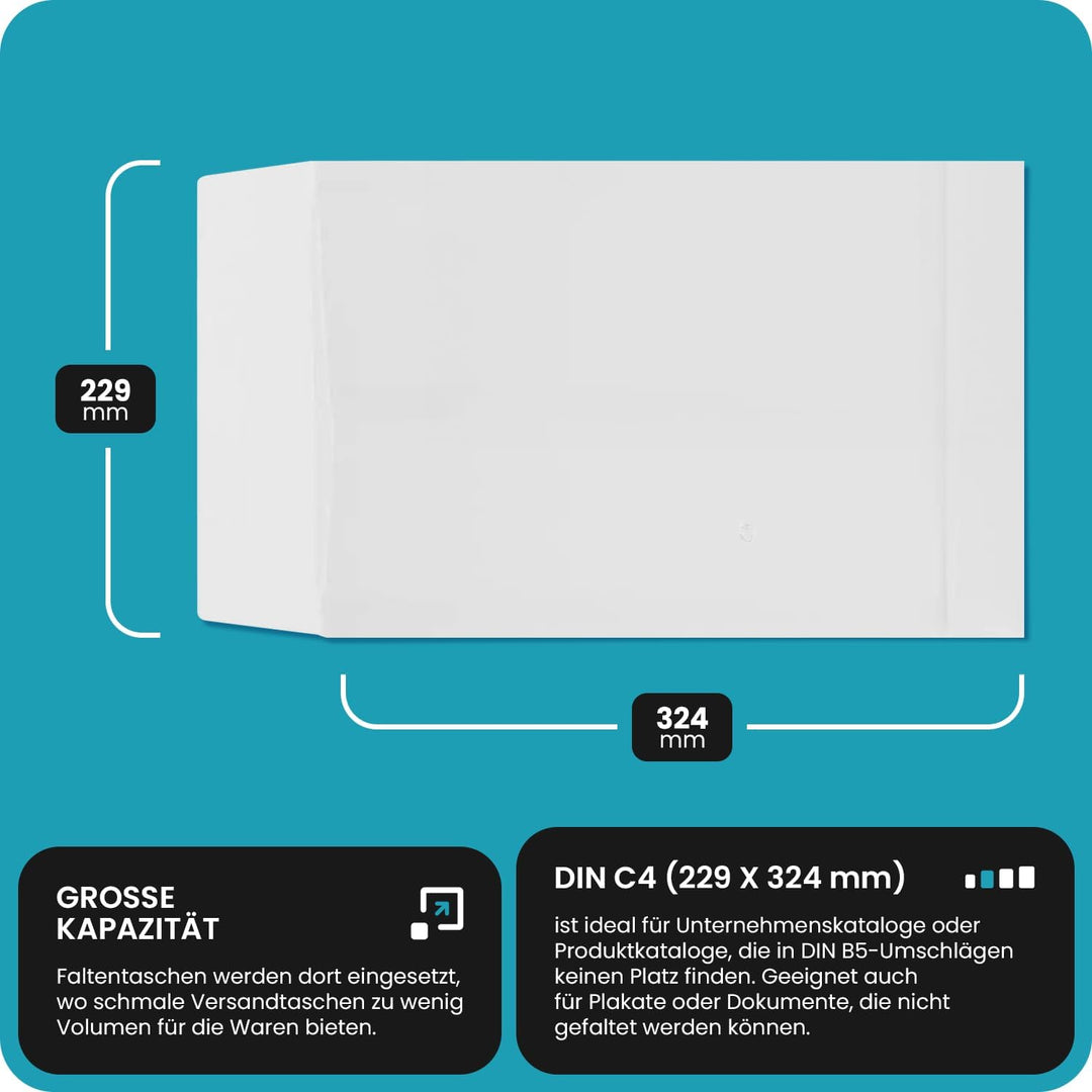 Netuno 50x weisse Faltentasche DIN C4 229× 324 mm 130g weiss Umschlag erweiterbar Faltenversandtasch