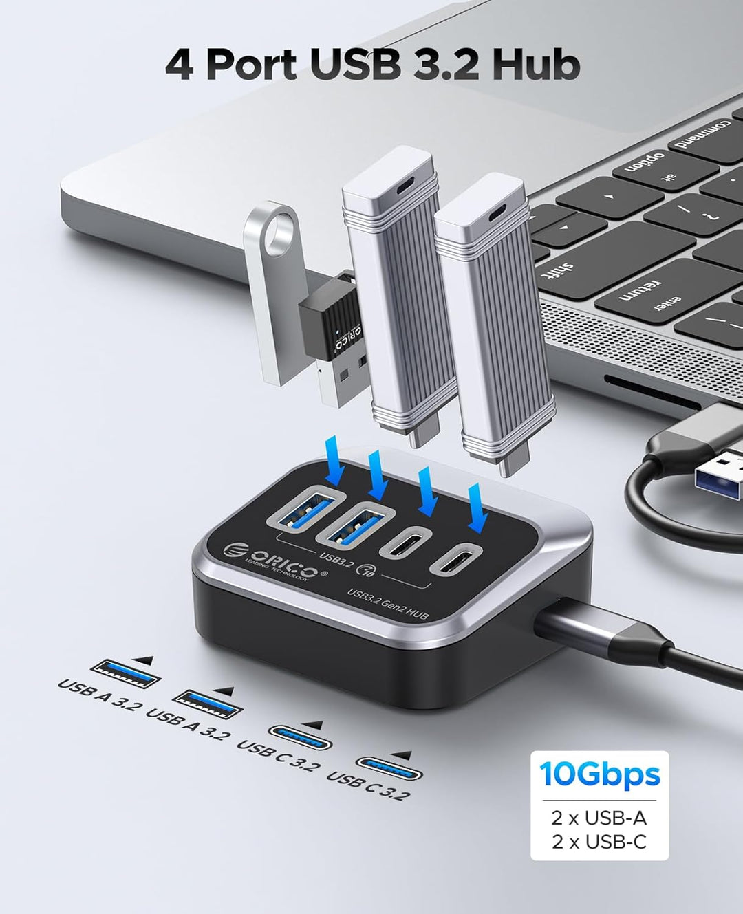 ORICO USB 3.2 Hub, USB 3.2 Gen 2 Hub mit 2 USB-A 3.2 Gen2 und 2 USB-C 3.2 Gen2, USB-Splitter kompati