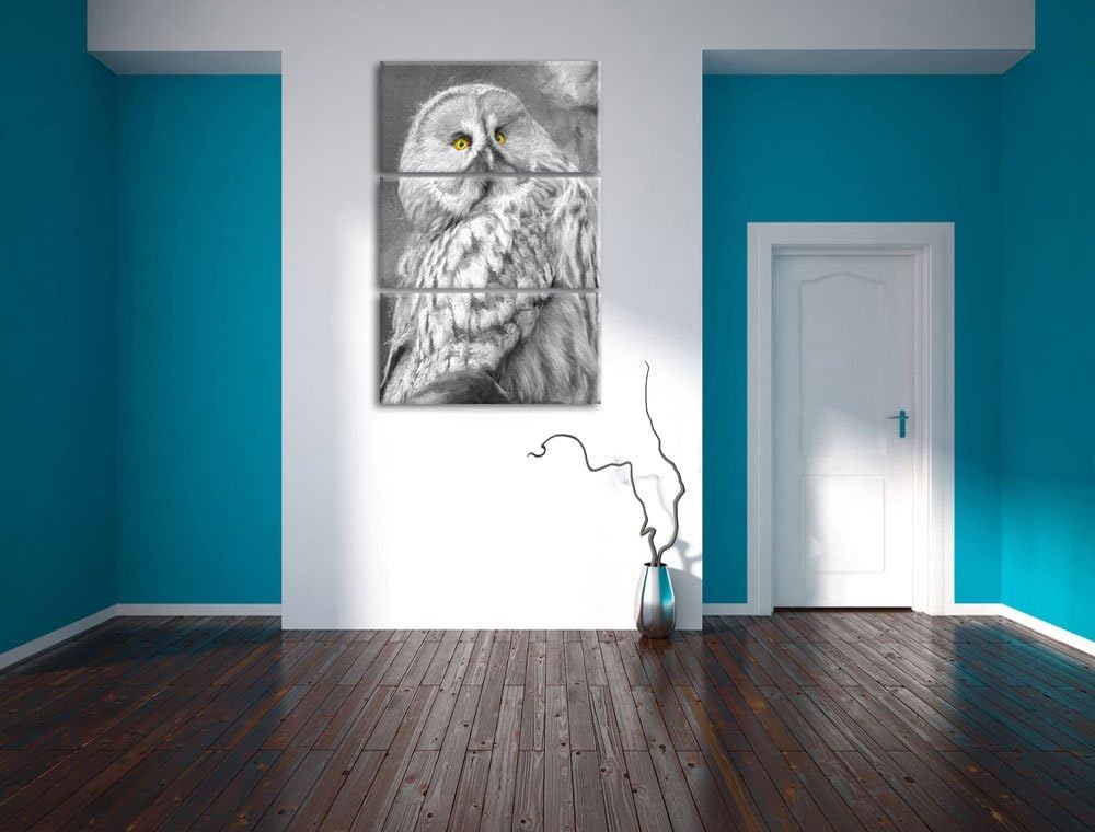 grosse anmutige Eule auf Ast schwarz/weiss Deluxe 3-Teiler Leinwandbild 120x80 Bild auf Leinwand, XX