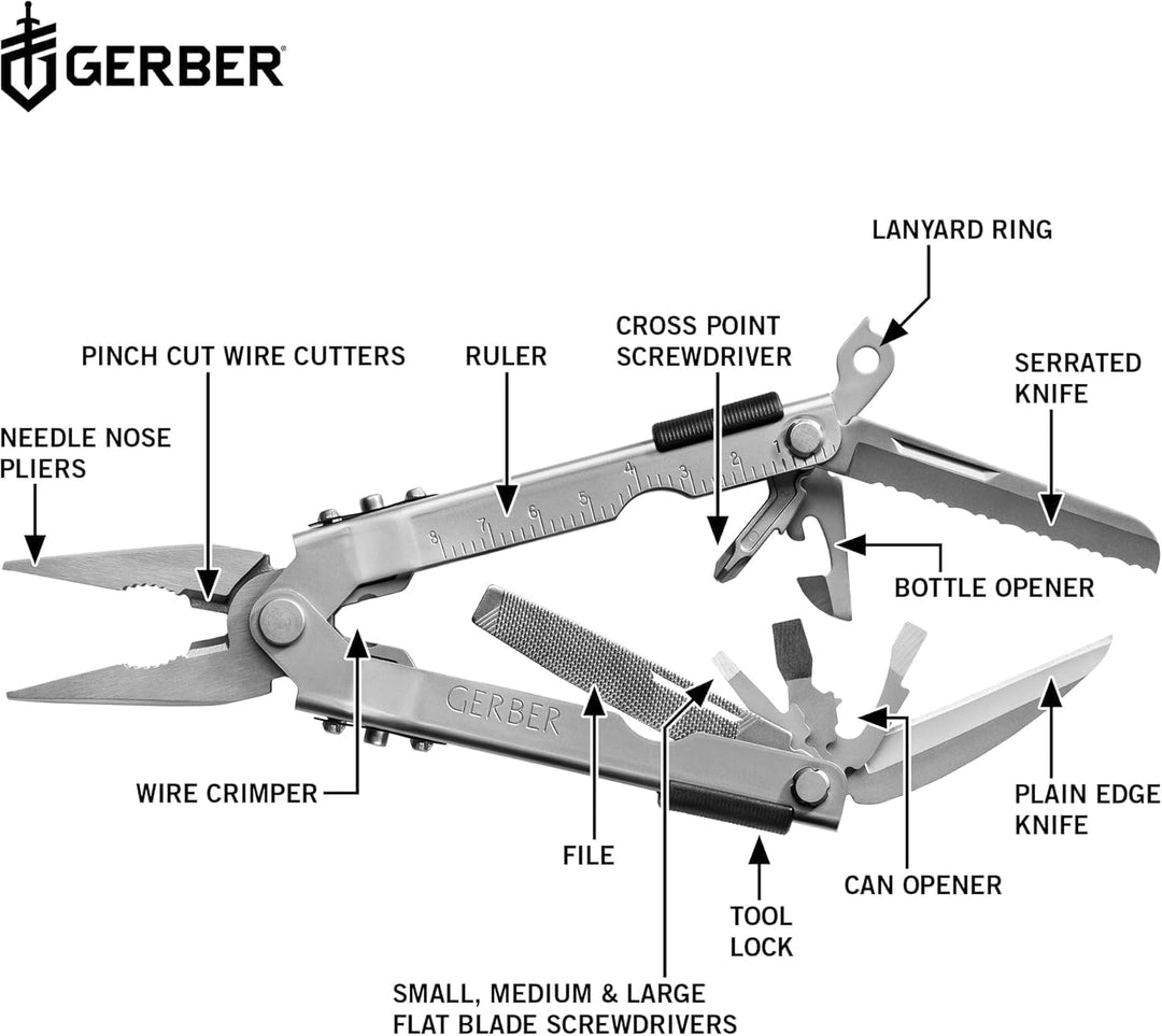 Gerber Multi-Tool mit zwei Messern und Leder-Scheide, MP600 Full-Size, Mit 14 Funktionen, Silber, 75