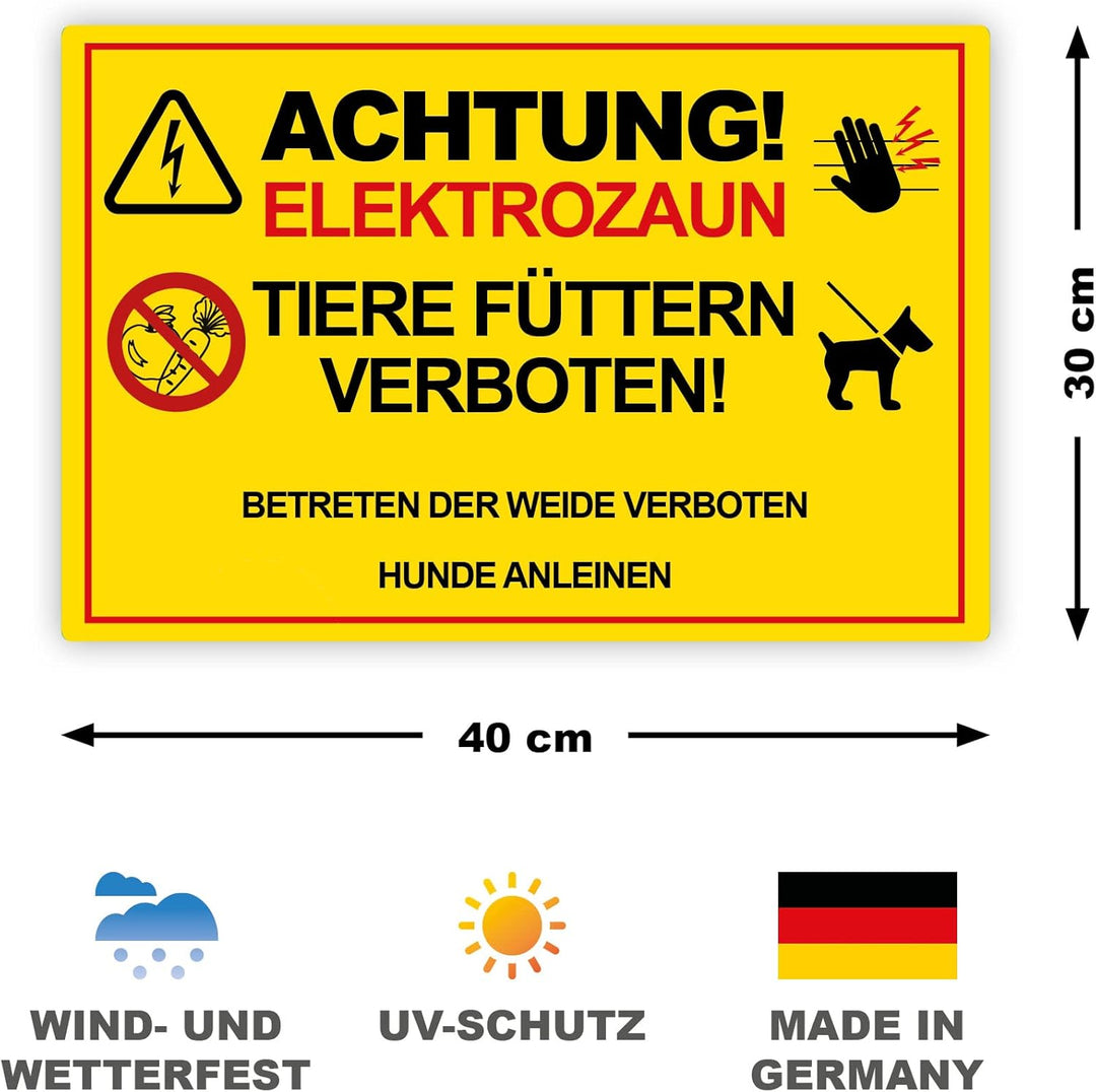 5 Stück XXL Achtung ! Elektrozaun Tiere füttern Weide betreten verboten Schild 30 x 40 cm aus stabil
