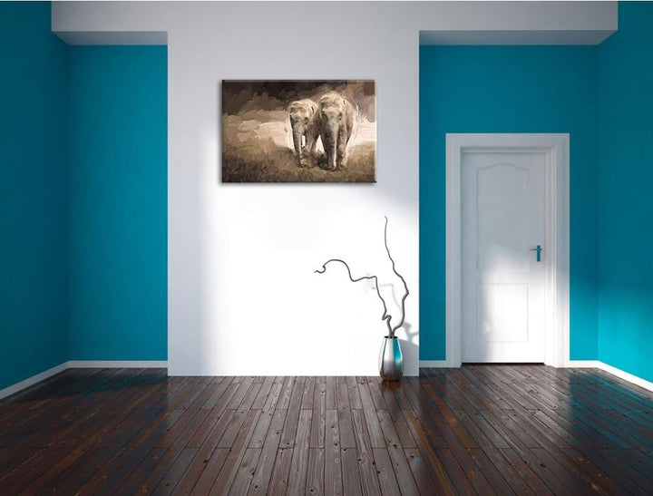 Gemälde zweier gigantischer Elefanten Format: 100x70 auf Leinwand, XXL riesige Bilder fertig gerahmt