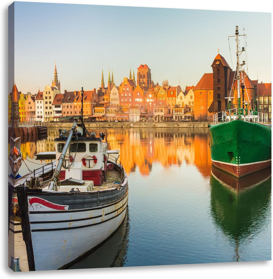 Hafen in der Dämmerung, Format: 70x70 auf Leinwand, XXL riesige Bilder fertig gerahmt mit Keilrahmen