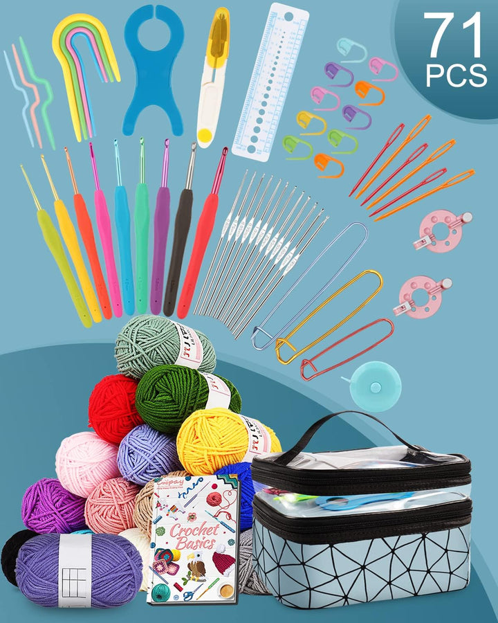 Coopay Häkelset für Anfänger, 71 Stück Häkelnadel Set mit Tasche und Wolle, Prämie Häkel Set mit Str