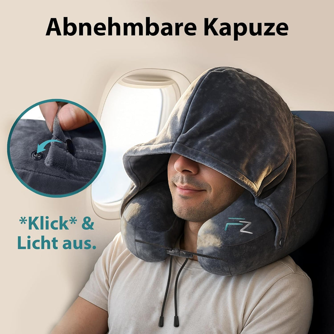 FLOWZOOM AIR Nackenkissen aufblasbar mit Kapuze - Reisekissen - Schnell aufblasbares Reise - Flugzeu