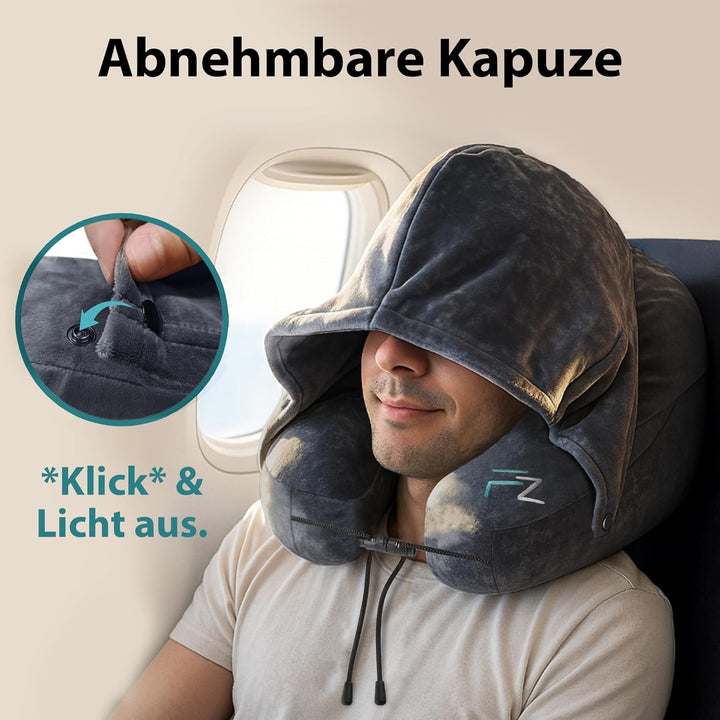 FLOWZOOM AIR Nackenkissen aufblasbar mit Kapuze - Reisekissen - Schnell aufblasbares Reise - Flugzeu