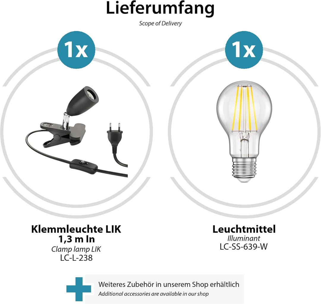 ledscom.de 2x E27 Klemmleuchte LIK, schwarz inkl. E27 LED Lampe 1020lm weiss, 3-Stufen Dimmen ohne D