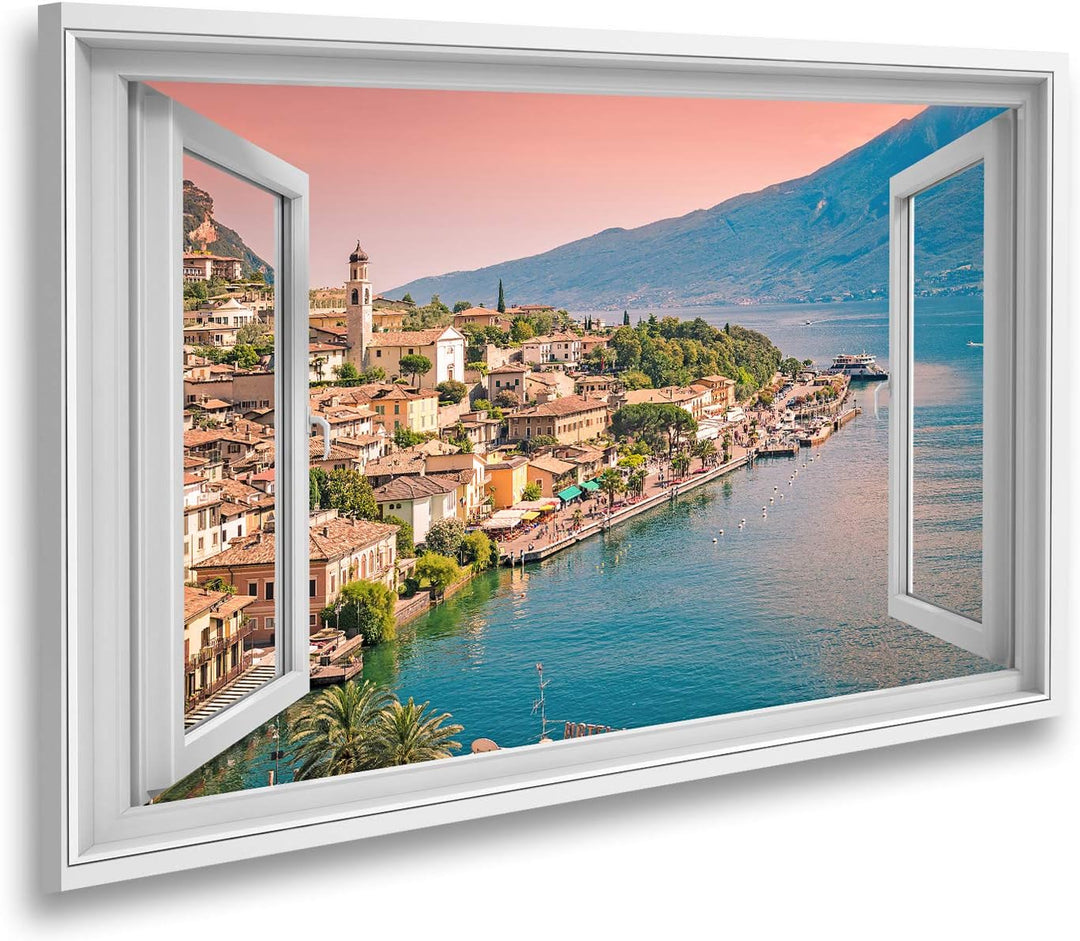 islandburner Bild auf Leinwand Fensterblick Panorama von Limone Sul Garda Eine Kleinstadt am Gardase