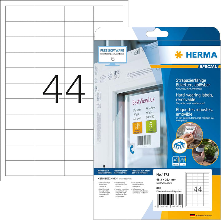 HERMA 4572 Wetterfeste Folienetiketten ablösbar, 20 Blatt, 48,3 x 25,4 mm, 44 Stück pro A4 Bogen, 88