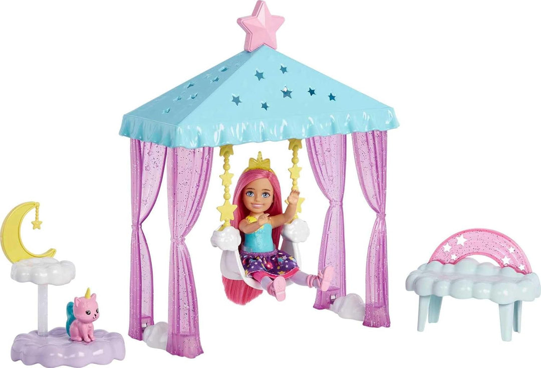 Barbie Dreamtopia, Barbie Chelsea Puppe mit rosa Haaren, gelbe Einhornkrone, rosa Einhornkatze, Wolk