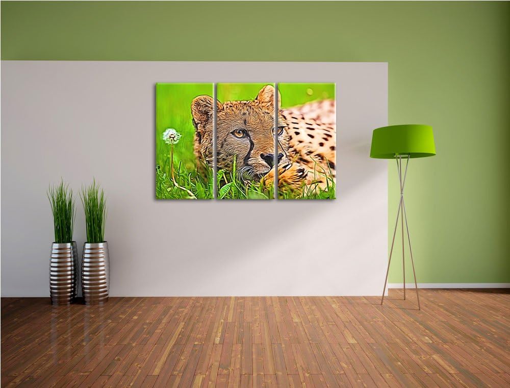 Gepard im Gras Spezial 3-Teiler Leinwandbild 120x80 Bild auf Leinwand, XXL riesige Bilder fertig ger