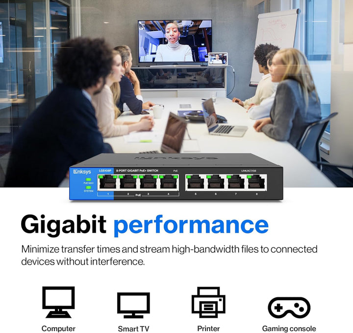 Linksys LGS108P-EU 8-Port Unmanaged Gigabit-Netzwerk-PoE-Switch mit 4 PoE+-Ports, Ethernet-Switch –