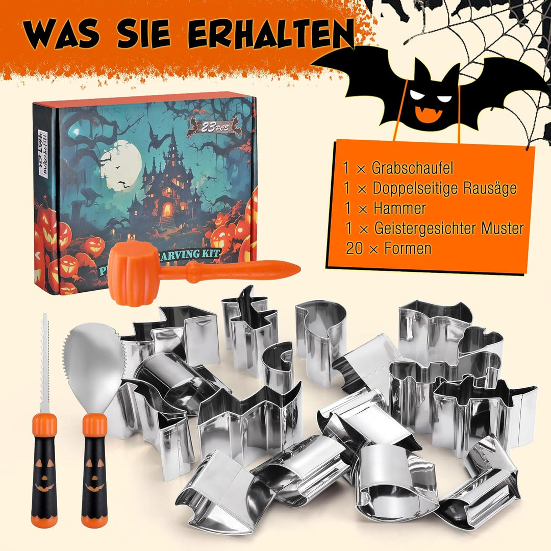 HAUSHOF Halloween Kürbis Schnitzset 23-tlg., Kürbis Schnitzwerkzeuge mit Hammer und 20 Formen, DIY H