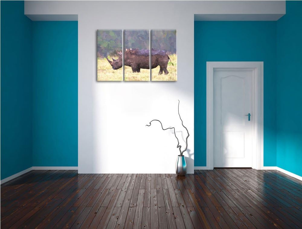 grosses Nashorn in der Savanne NewArt 3-Teiler Leinwandbild 120x80 Bild auf Leinwand, XXL riesige Bi